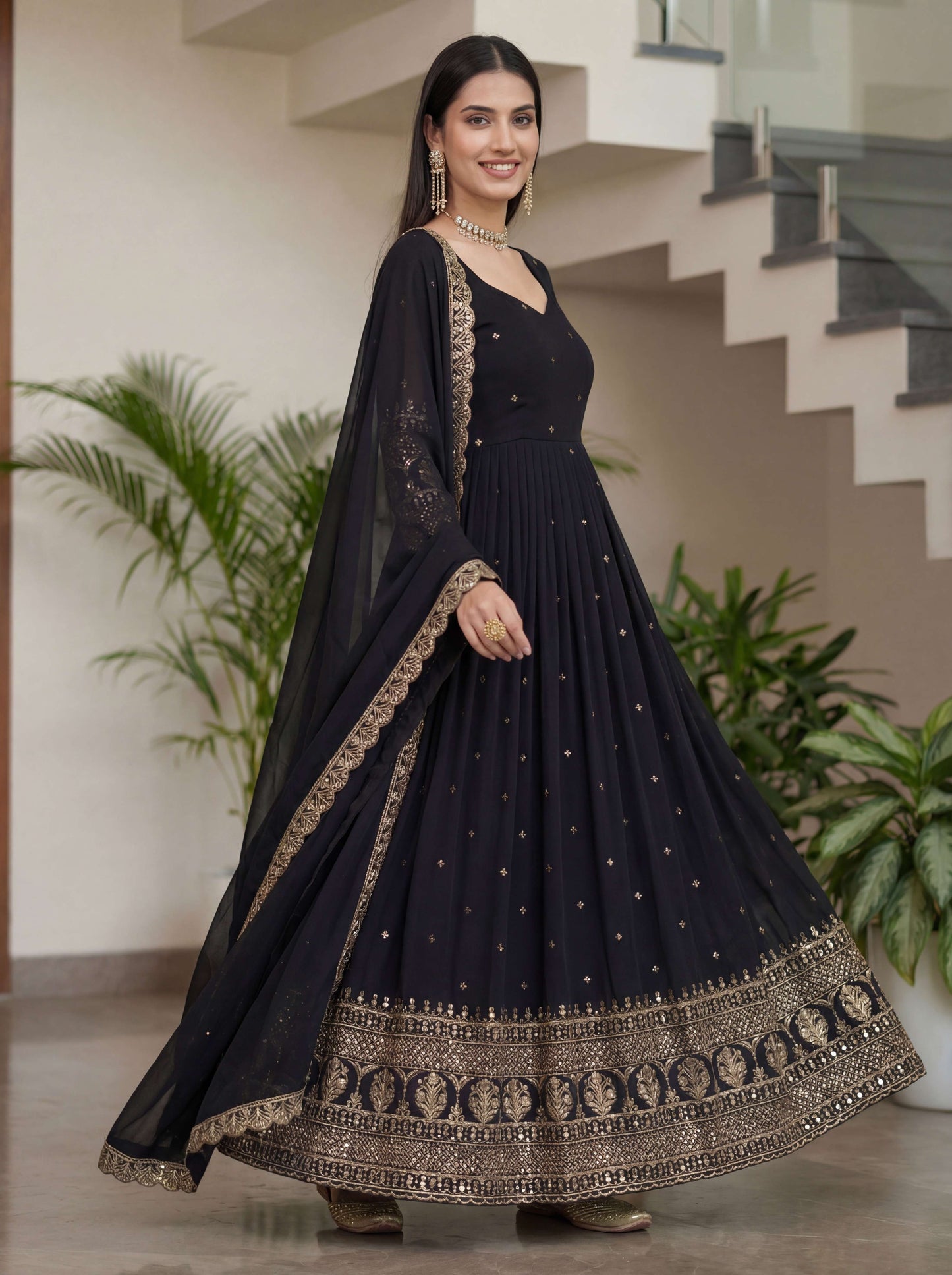 Eyecatch Black Silk Embroidered Sequence Zari Designer Festive Wear Anarkali Gown Set