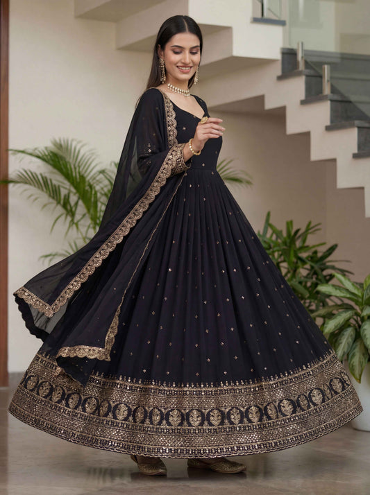 Eyecatch Black Silk Embroidered Sequence Zari Designer Festive Wear Anarkali Gown Set