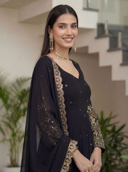 Eyecatch Black Silk Embroidered Sequence Zari Designer Festive Wear Anarkali Gown Set