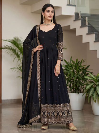 Eyecatch Black Silk Embroidered Sequence Zari Designer Festive Wear Anarkali Gown Set