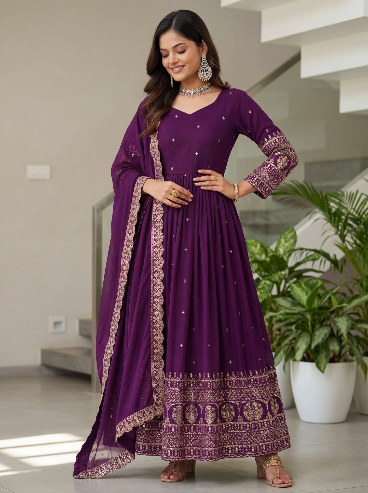 Adorable Plum Purple Silk Embroidered Sequence Zari Designer Festive Wear Anarkali Gown Set