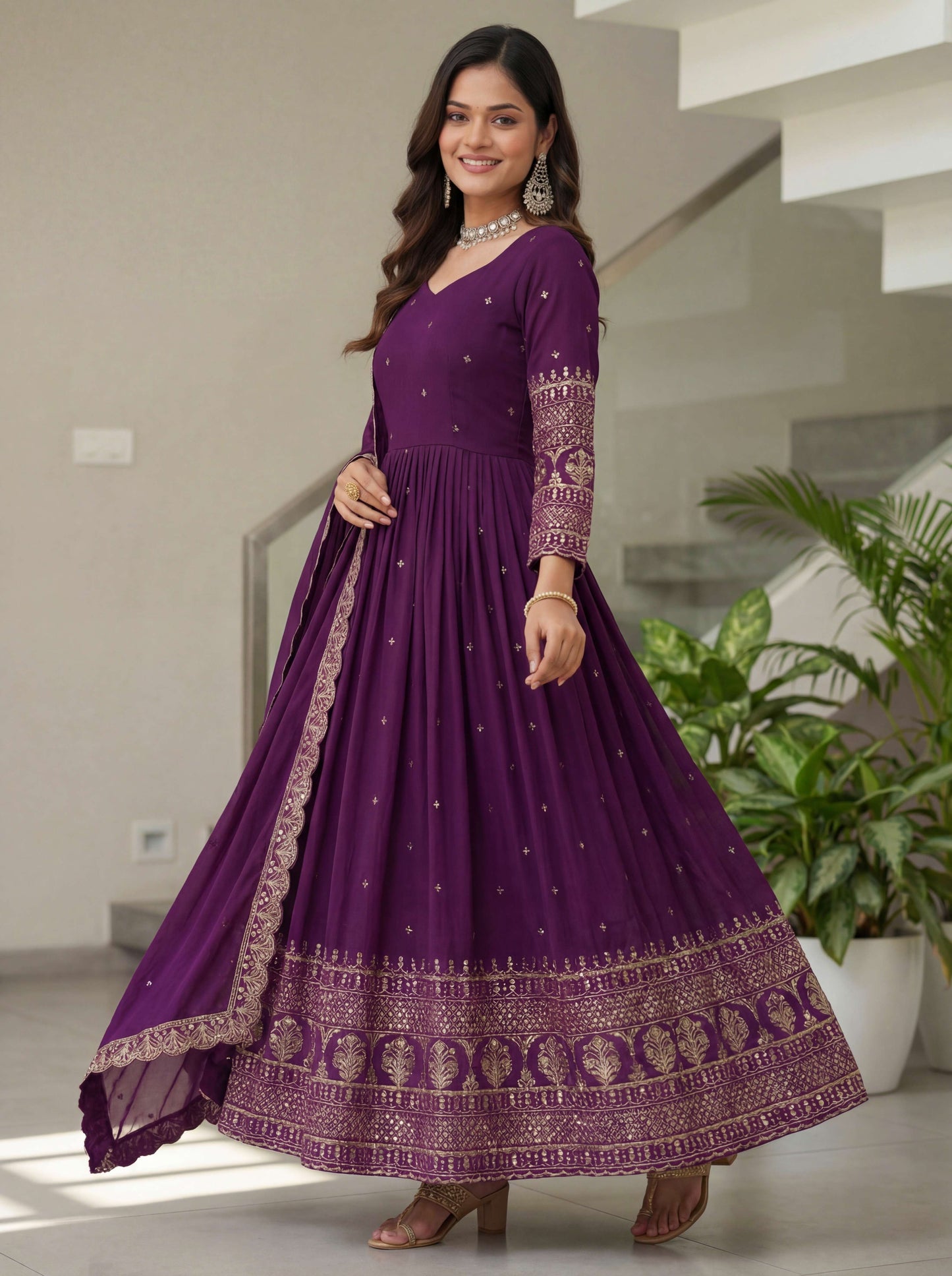 Adorable Plum Purple Silk Embroidered Sequence Zari Designer Festive Wear Anarkali Gown Set