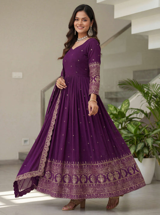 Adorable Plum Purple Silk Embroidered Sequence Zari Designer Festive Wear Anarkali Gown Set