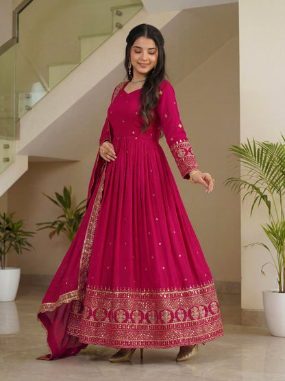 Dazzling Rani Pink Blooming Vichitra Silk Seuqnce Designer Festive Wear Anarkali Suit Pant