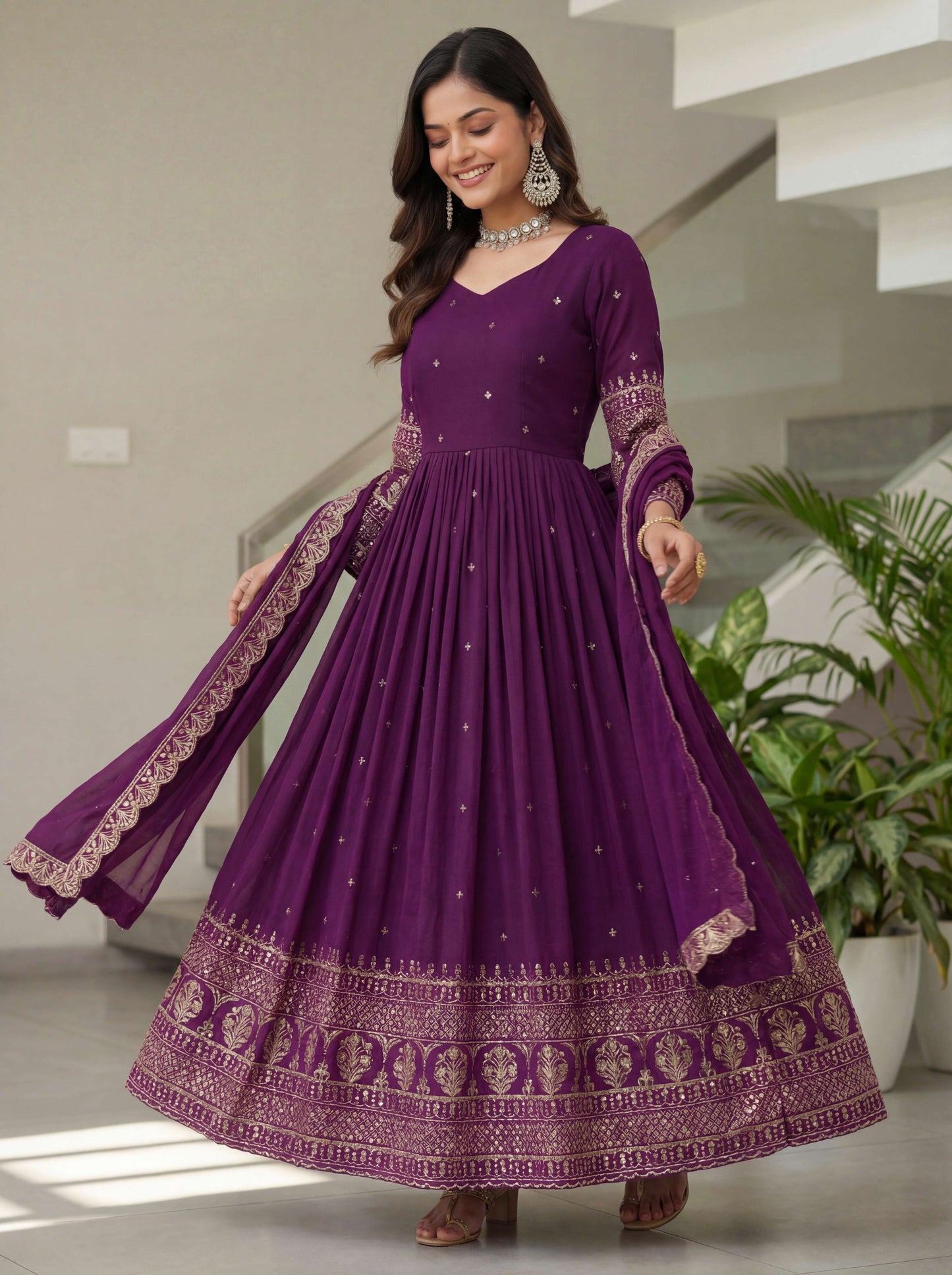 Adorable Plum Purple Silk Embroidered Sequence Zari Designer Festive Wear Anarkali Gown Set