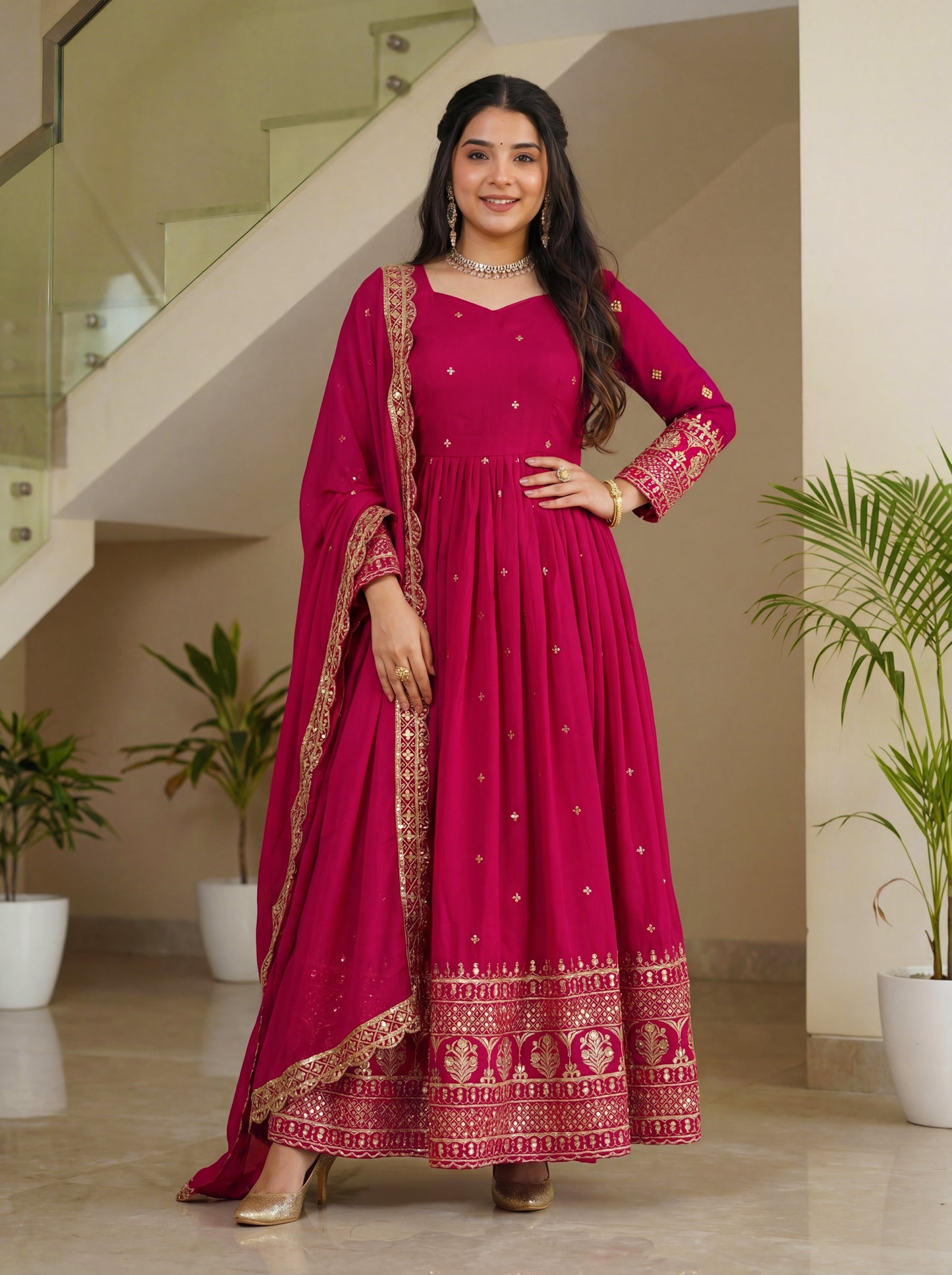 Dazzling Rani Pink Blooming Vichitra Silk Seuqnce Designer Festive Wear Anarkali Suit Pant