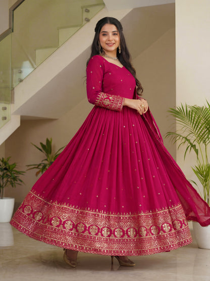 Dazzling Rani Pink Blooming Vichitra Silk Seuqnce Designer Festive Wear Anarkali Suit Pant