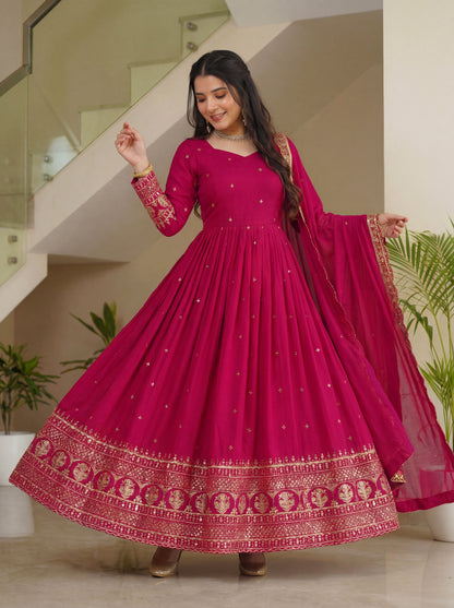 Dazzling Rani Pink Blooming Vichitra Silk Seuqnce Designer Festive Wear Anarkali Suit Pant