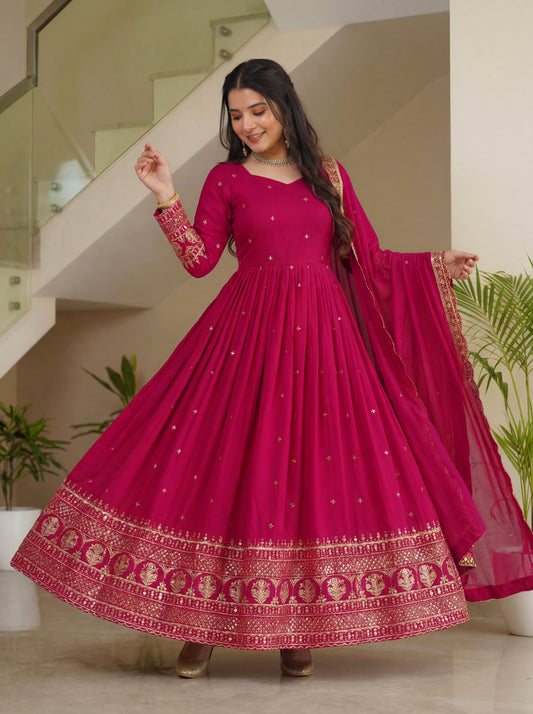 Dazzling Rani Pink Blooming Vichitra Silk Seuqnce Designer Festive Wear Anarkali Suit Pant