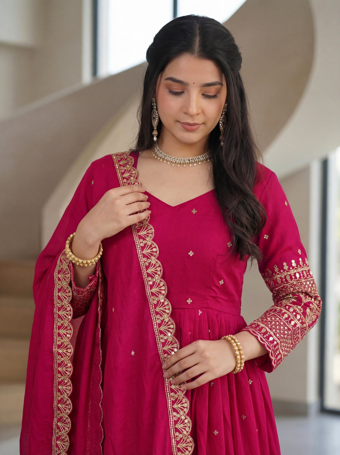 Dazzling Rani Pink Blooming Vichitra Silk Seuqnce Designer Festive Wear Anarkali Suit Pant