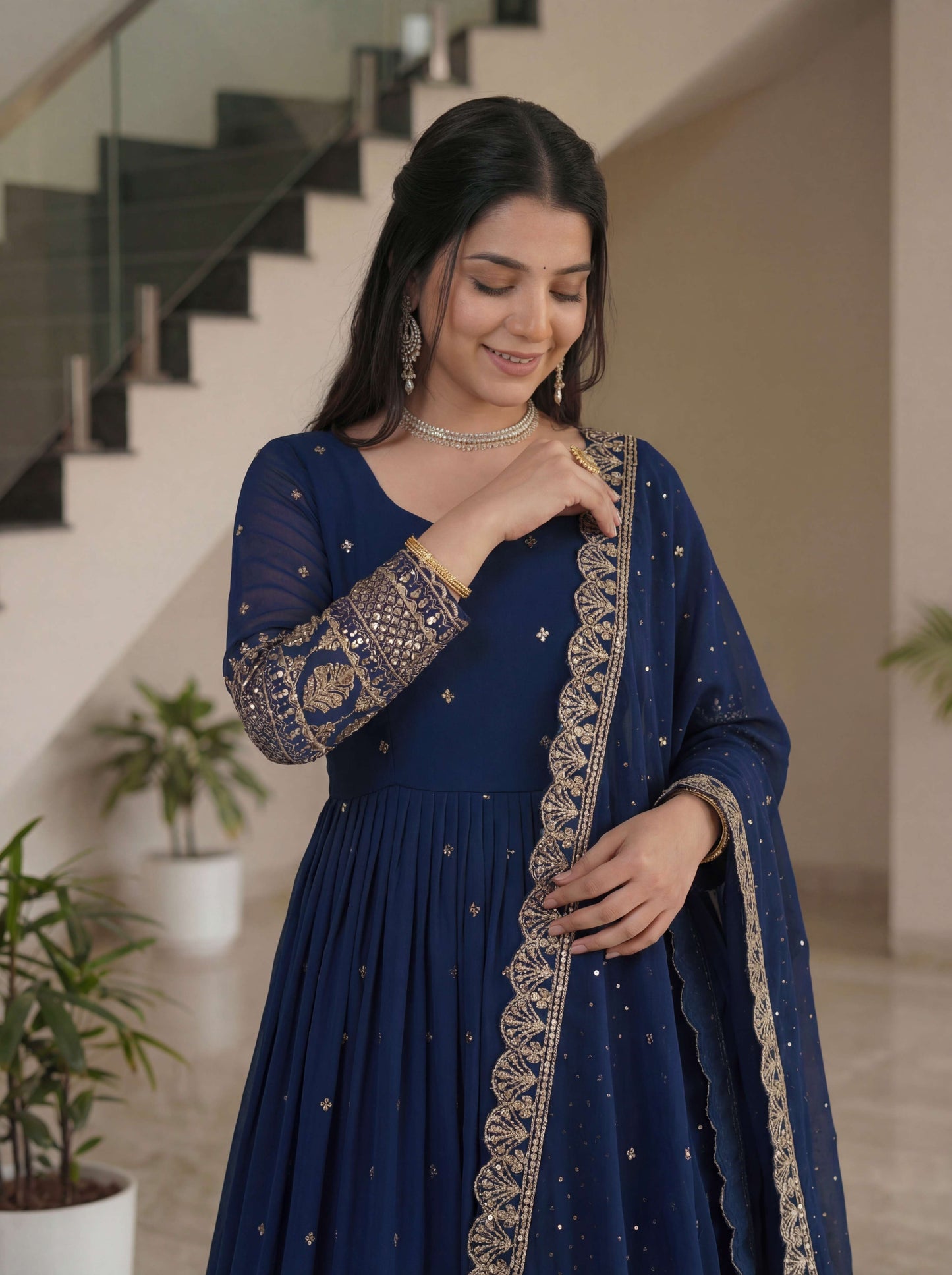 Graceful Navy Blue Silk Embroidered Sequence Zari Designer Festive Wear Anarkali Gown Set