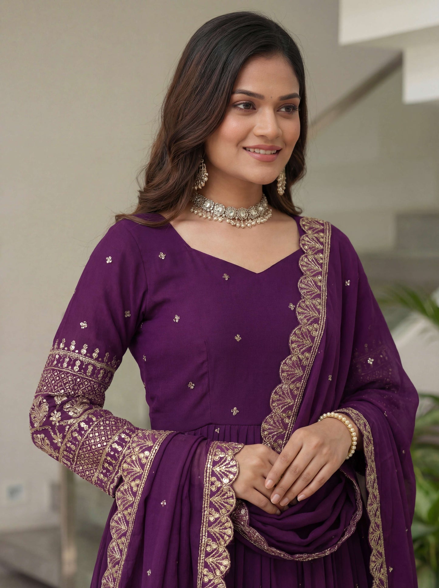 Adorable Plum Purple Silk Embroidered Sequence Zari Designer Festive Wear Anarkali Gown Set