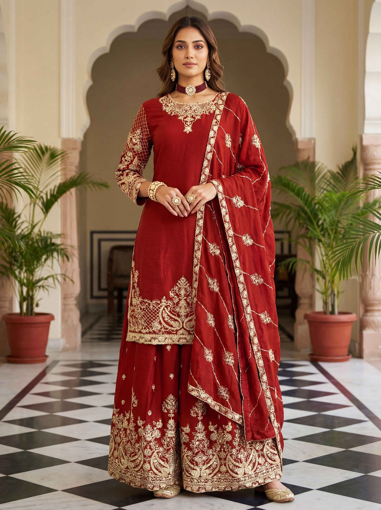 Beautiful Red Chinon Embroidered Sequence Designer Function Wear Kurta Salwar Suit