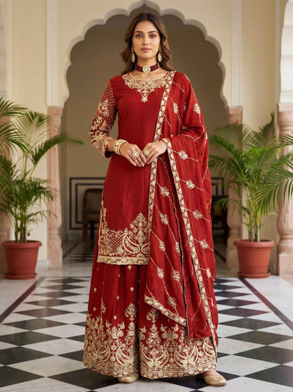 Beautiful Red Chinon Embroidered Sequence Designer Function Wear Kurta Salwar Suit