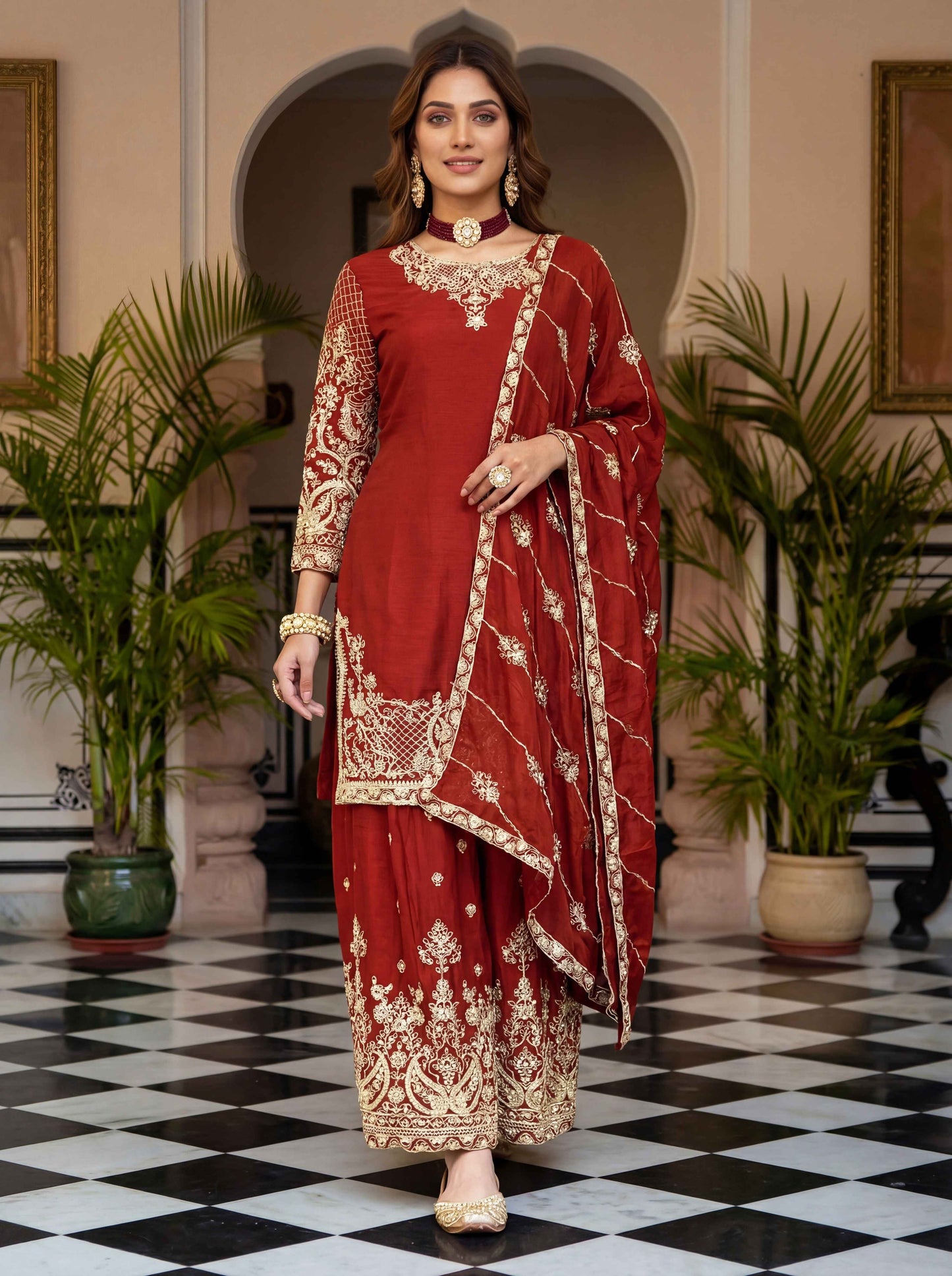 Beautiful Red Chinon Embroidered Sequence Designer Function Wear Kurta Salwar Suit