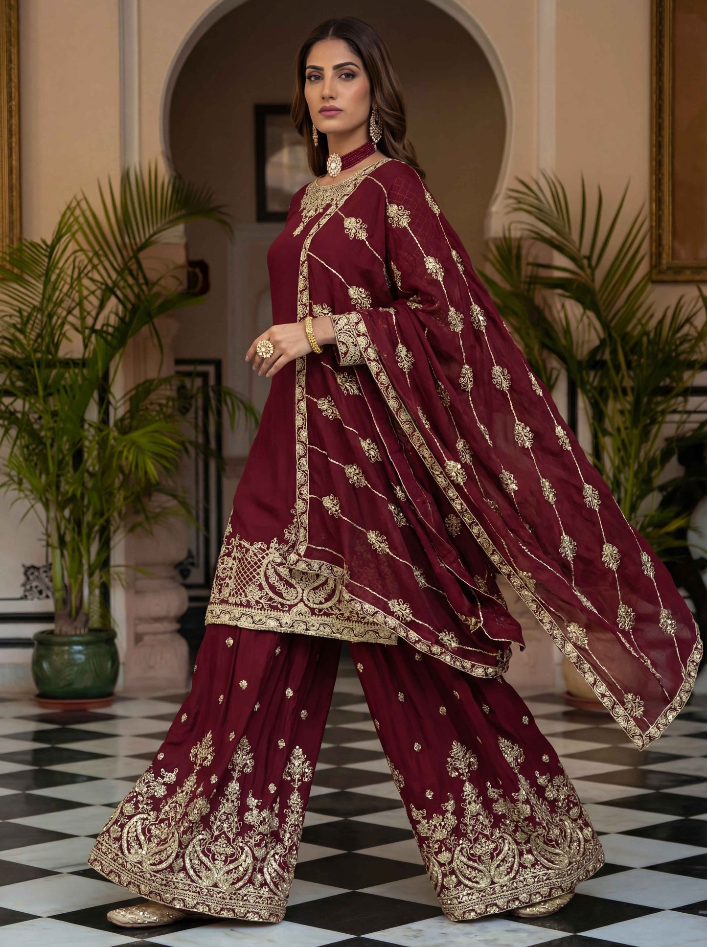 Lovely Maroon Chinon Embroidered Sequence Designer Function Wear Kurta Salwar Suit
