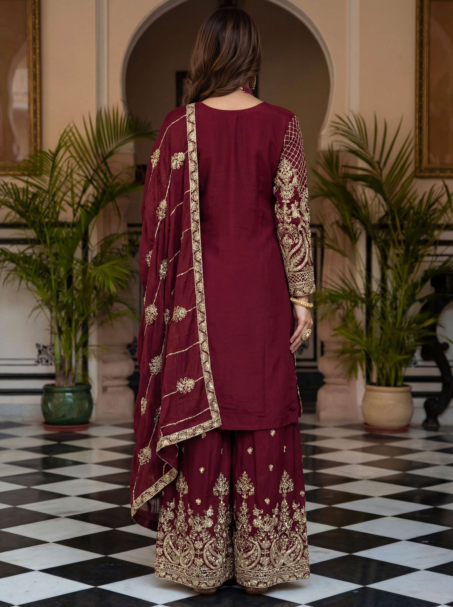 Lovely Maroon Chinon Embroidered Sequence Designer Function Wear Kurta Salwar Suit