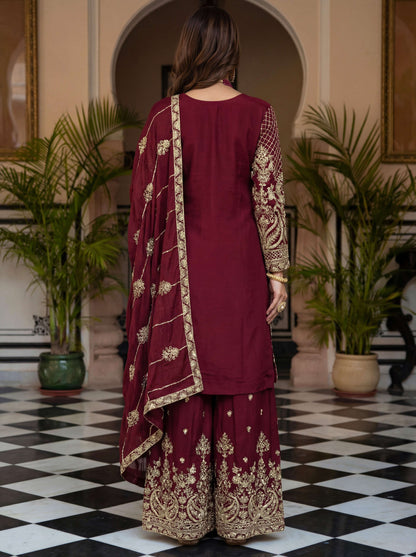 Lovely Maroon Chinon Embroidered Sequence Designer Function Wear Kurta Salwar Suit