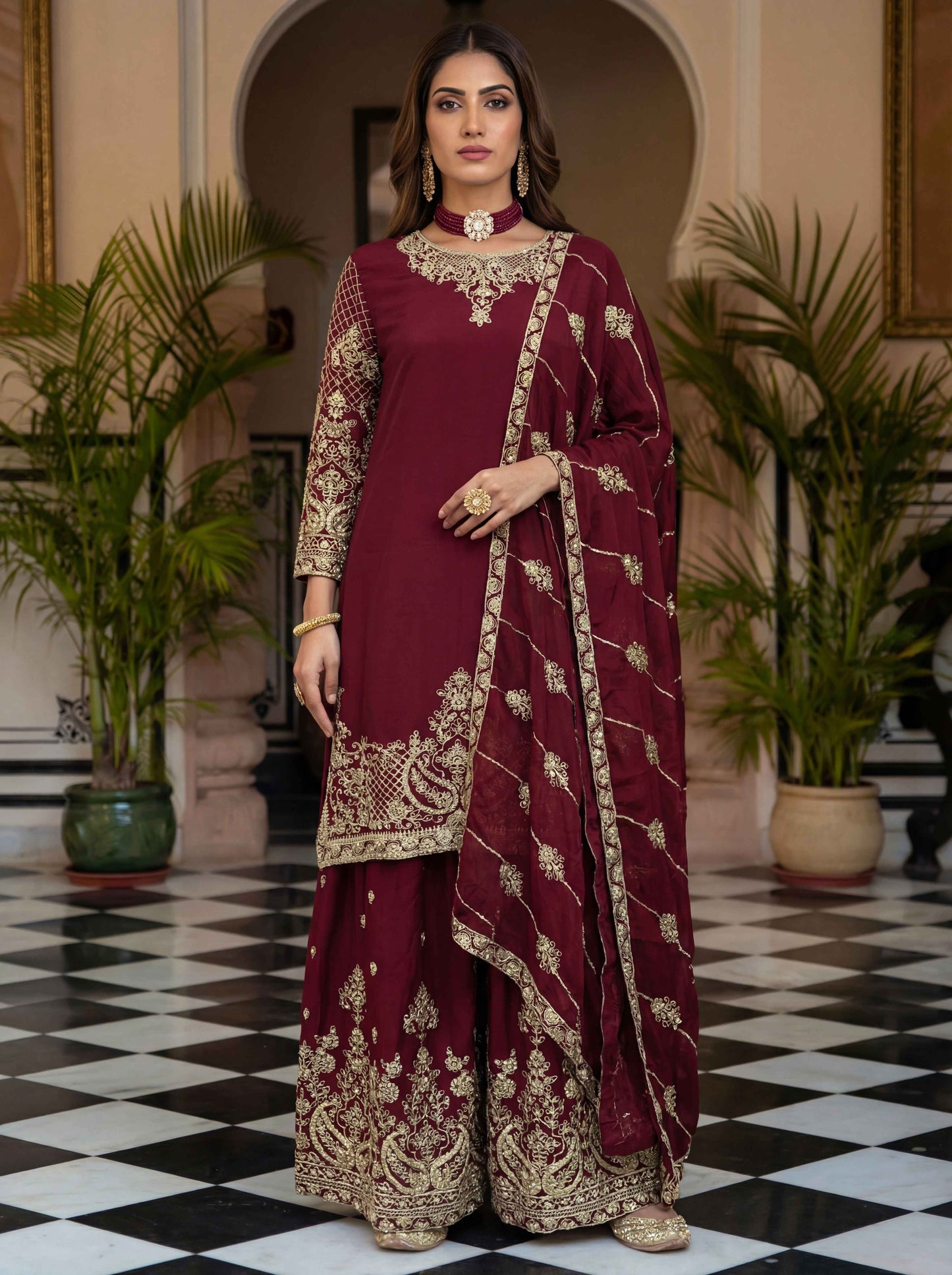 Lovely Maroon Chinon Embroidered Sequence Designer Function Wear Kurta Salwar Suit