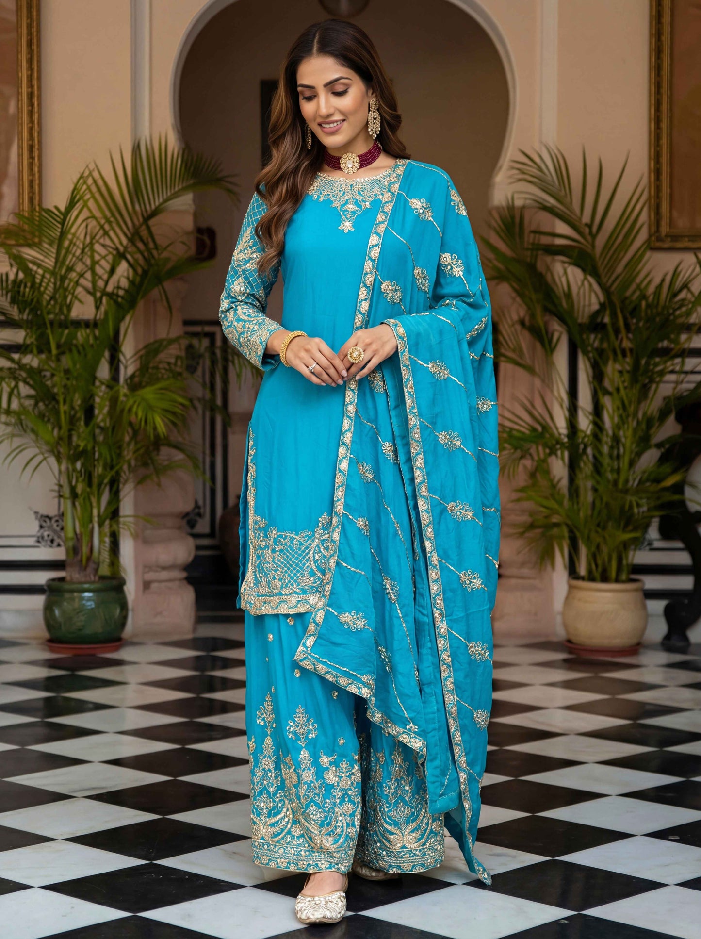 Blooming turquoise blue Chinon Embroidered Sequence Designer Function Wear Kurta Salwar Suit