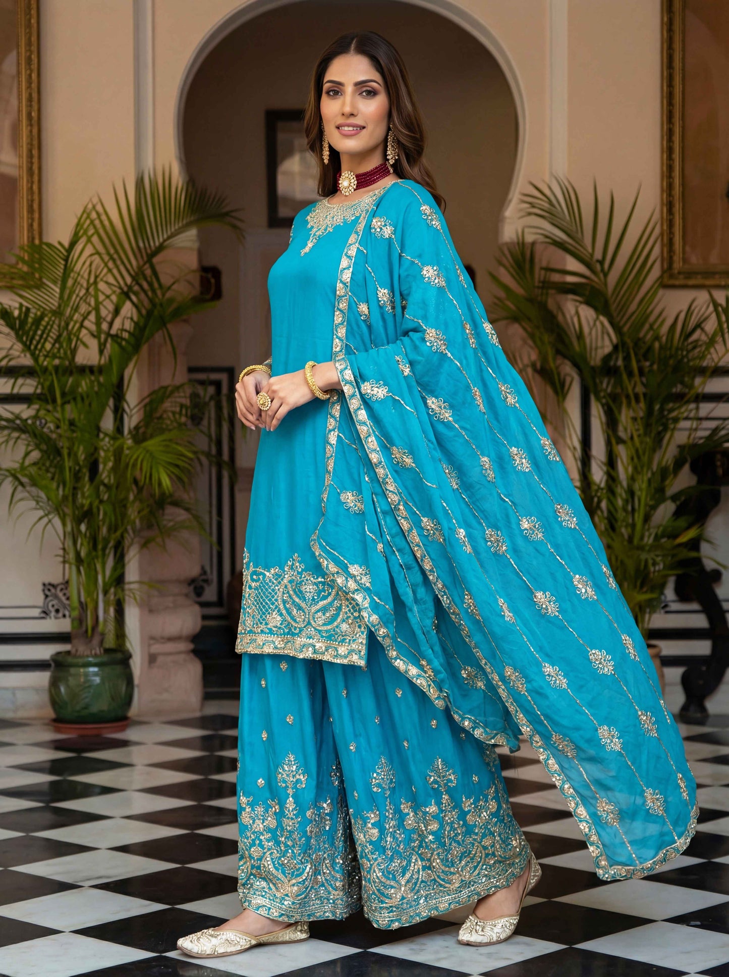 Blooming turquoise blue Chinon Embroidered Sequence Designer Function Wear Kurta Salwar Suit