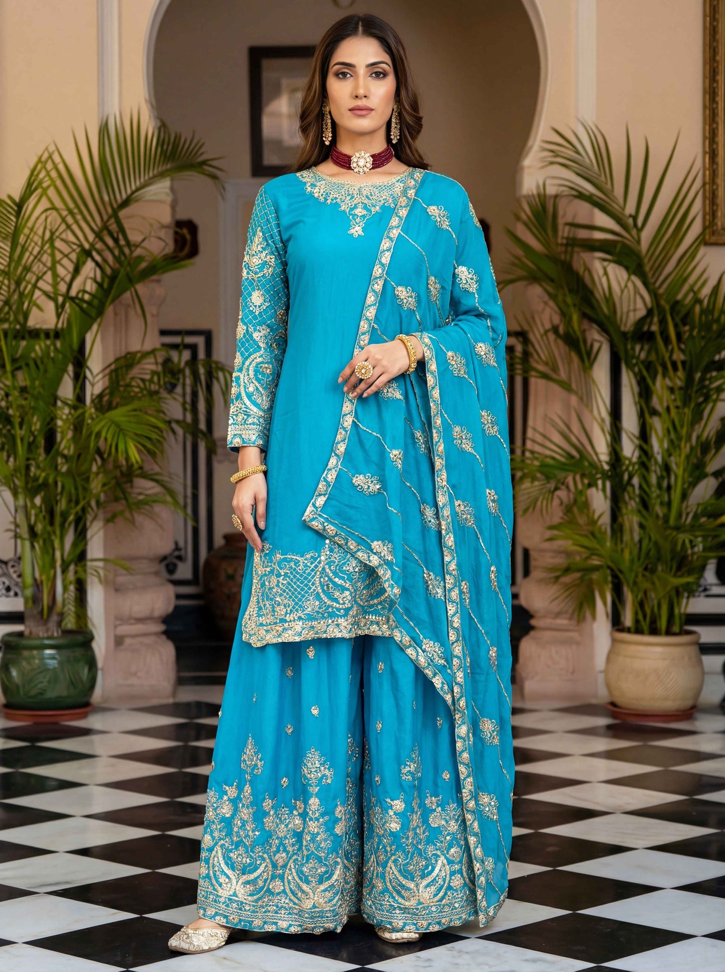 Blooming turquoise blue Chinon Embroidered Sequence Designer Function Wear Kurta Salwar Suit