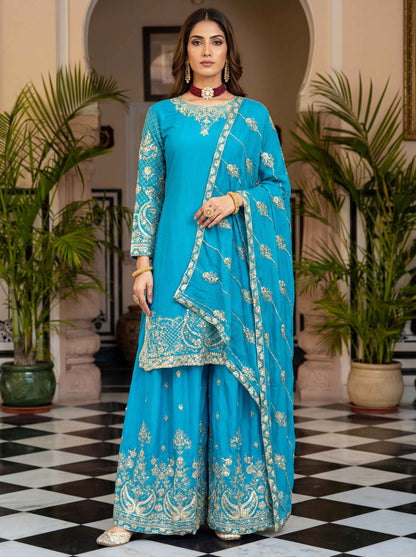 Blooming turquoise blue Chinon Embroidered Sequence Designer Function Wear Kurta Salwar Suit