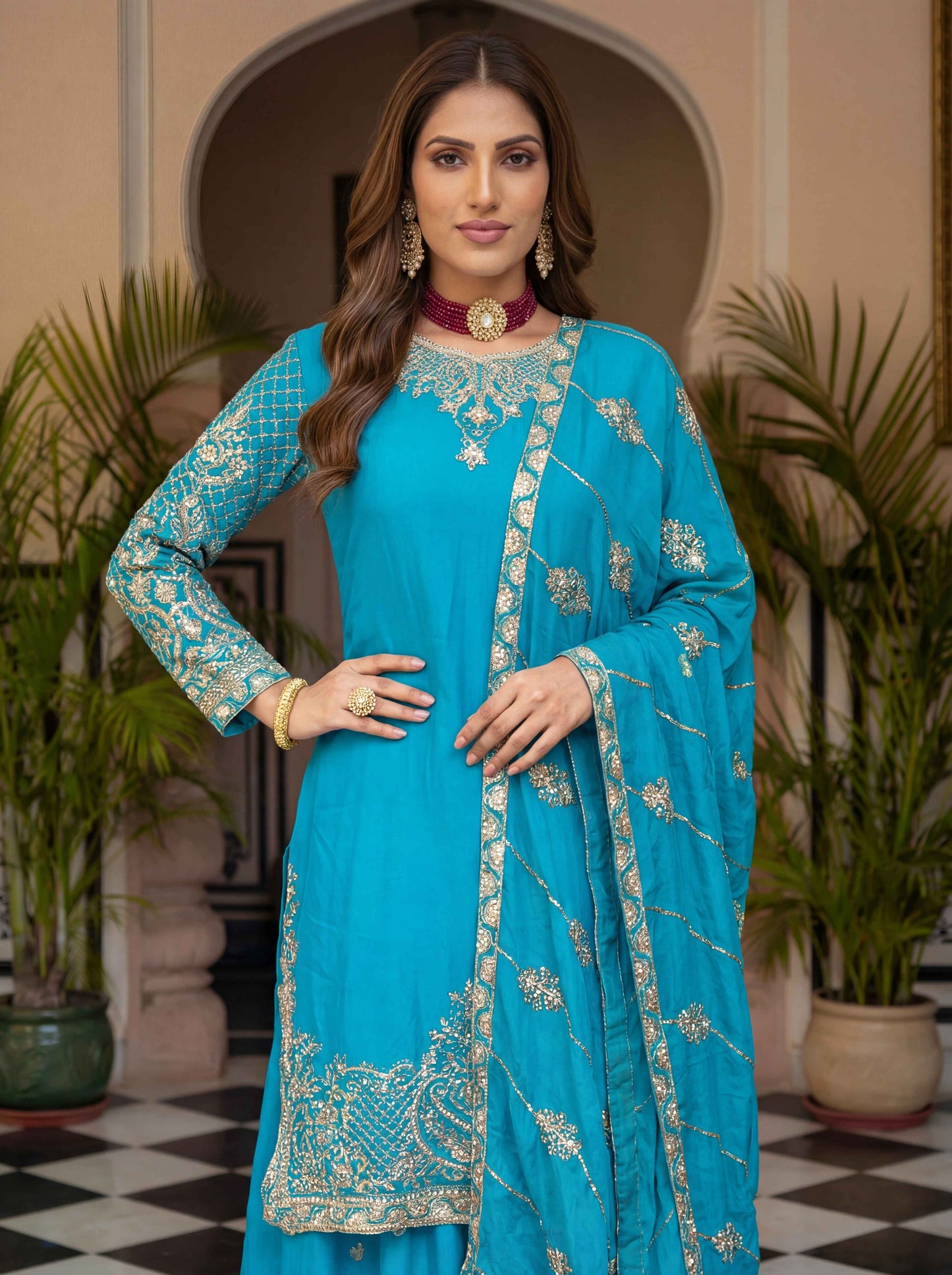 Blooming turquoise blue Chinon Embroidered Sequence Designer Function Wear Kurta Salwar Suit