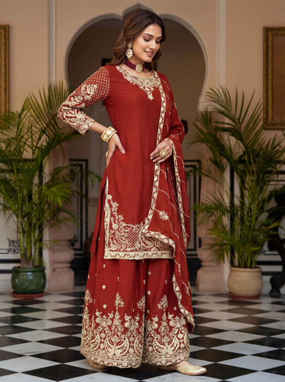 Beautiful Red Chinon Embroidered Sequence Designer Function Wear Kurta Salwar Suit