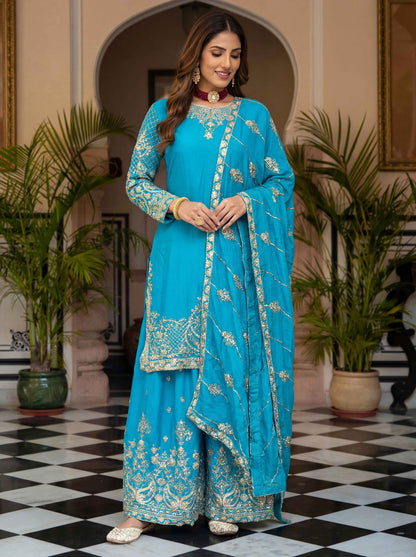 Blooming turquoise blue Chinon Embroidered Sequence Designer Function Wear Kurta Salwar Suit