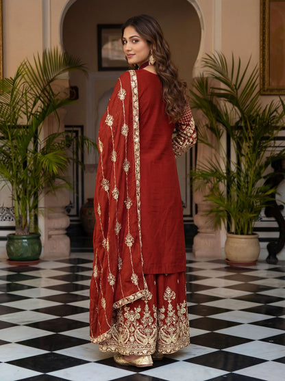 Beautiful Red Chinon Embroidered Sequence Designer Function Wear Kurta Salwar Suit