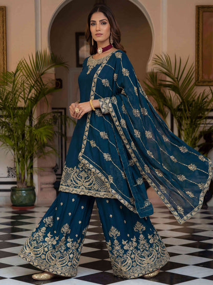 Fablous Teal Blue Chinon Embroidered Sequence Designer Function Wear Kurta Salwar Suit