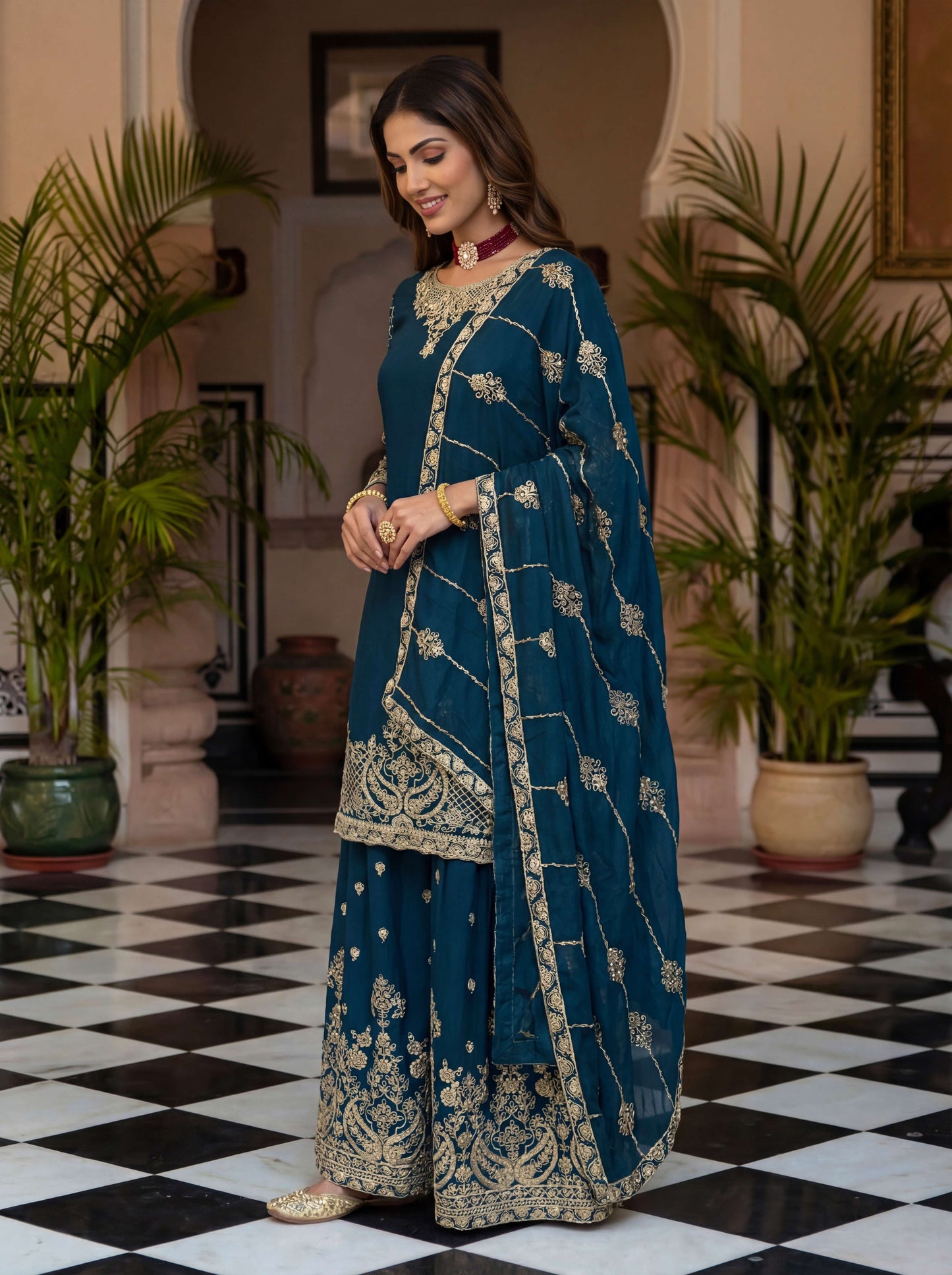 Fablous Teal Blue Chinon Embroidered Sequence Designer Function Wear Kurta Salwar Suit