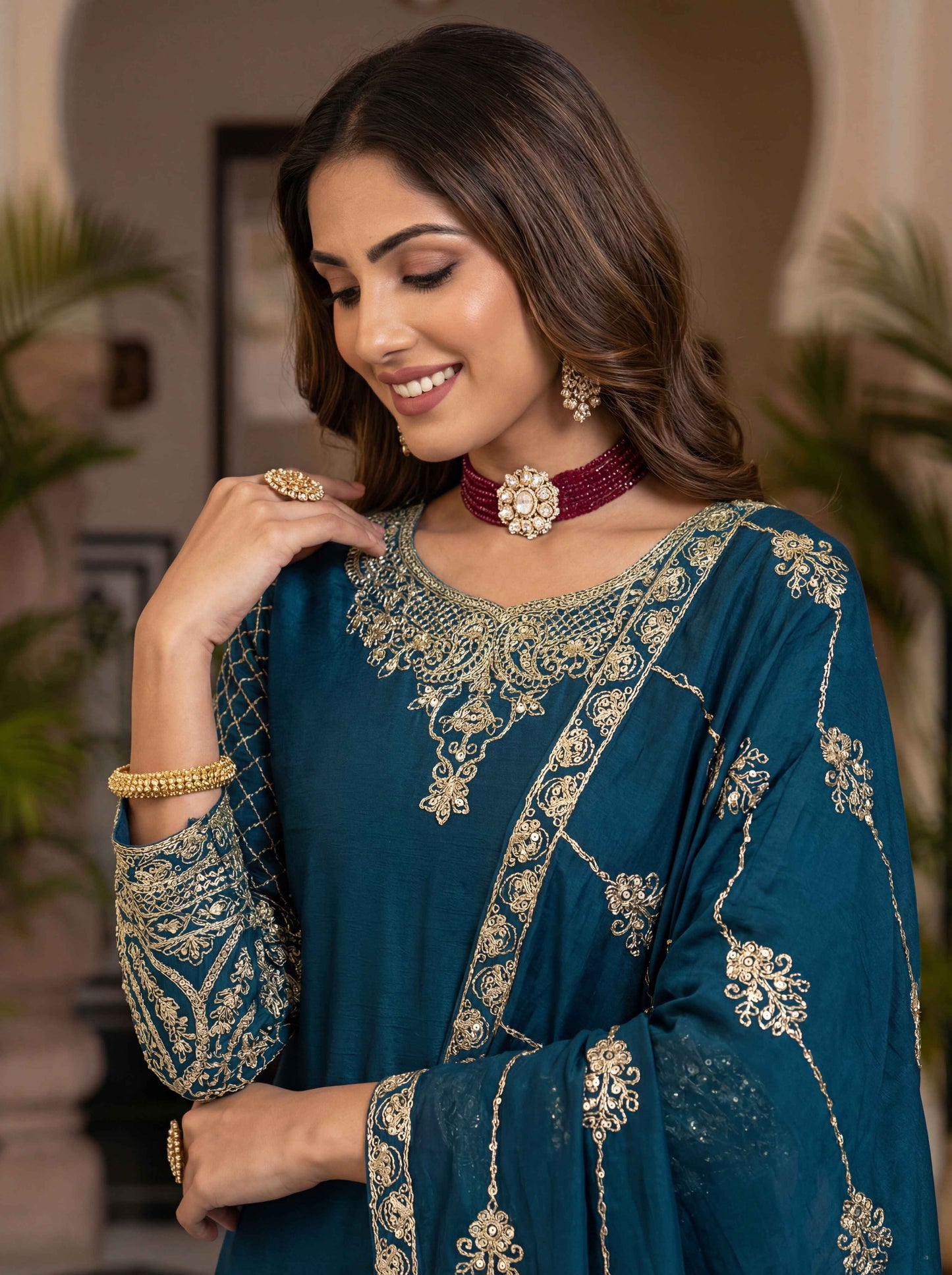 Fablous Teal Blue Chinon Embroidered Sequence Designer Function Wear Kurta Salwar Suit