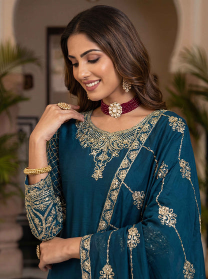Fablous Teal Blue Chinon Embroidered Sequence Designer Function Wear Kurta Salwar Suit