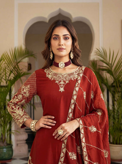 Beautiful Red Chinon Embroidered Sequence Designer Function Wear Kurta Salwar Suit