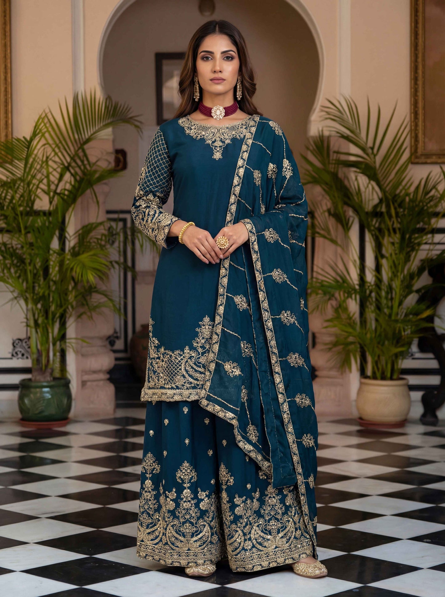 Fablous Teal Blue Chinon Embroidered Sequence Designer Function Wear Kurta Salwar Suit