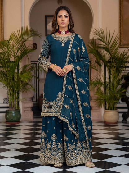 Fablous Teal Blue Chinon Embroidered Sequence Designer Function Wear Kurta Salwar Suit
