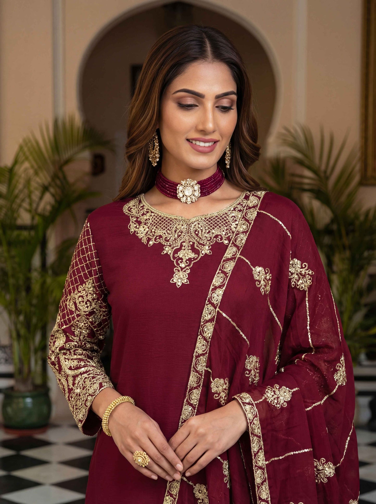 Lovely Maroon Chinon Embroidered Sequence Designer Function Wear Kurta Salwar Suit