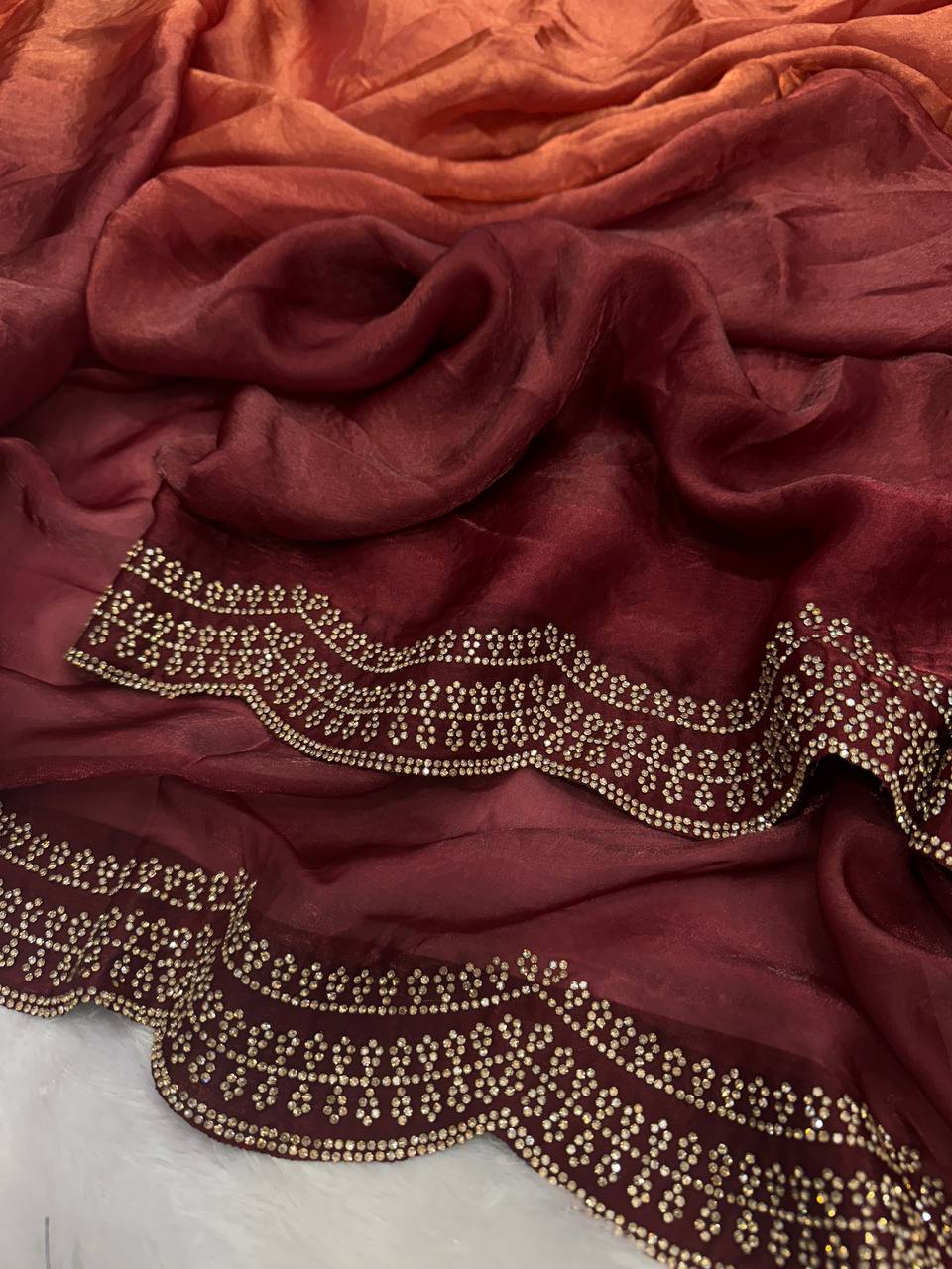 Luxurious Silk Saree with Shaded Diamond Jarkan Embellishment