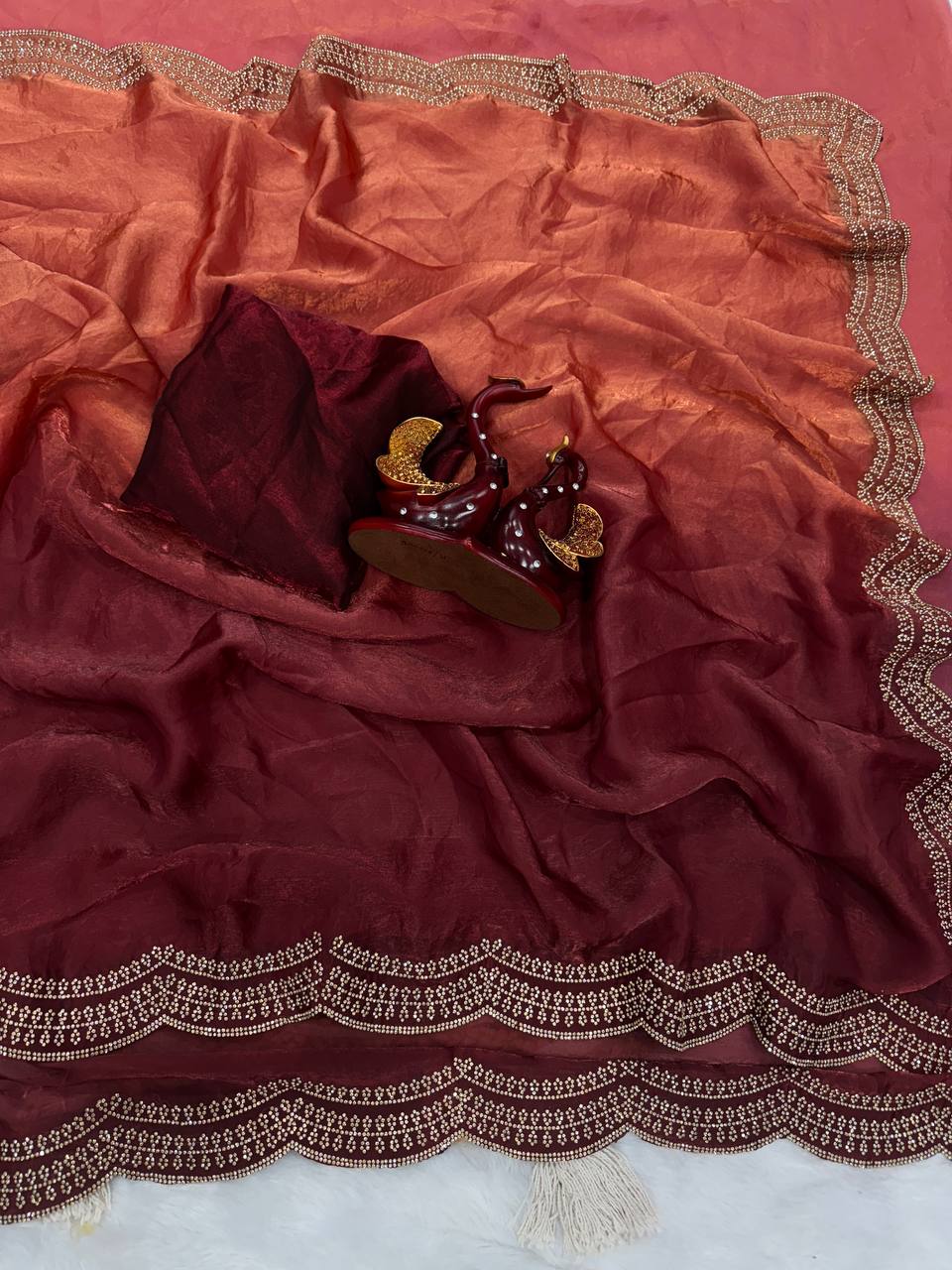 Luxurious Silk Saree with Shaded Diamond Jarkan Embellishment