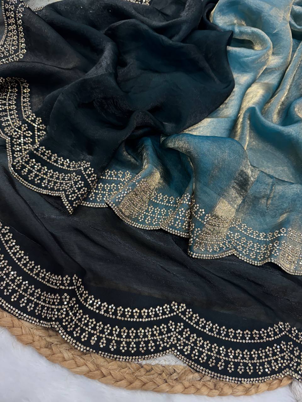 Luxurious Silk Saree with Shaded Diamond Jarkan Embellishment