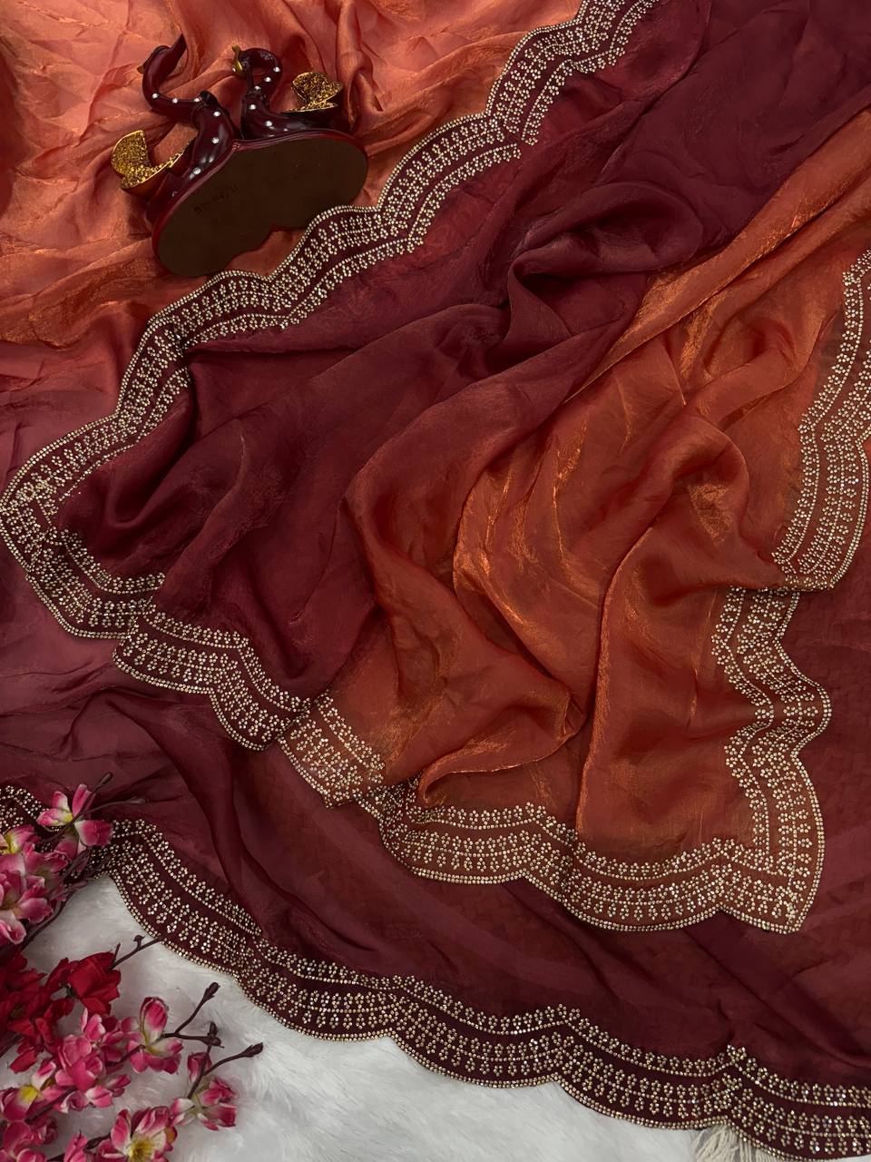 Luxurious Silk Saree with Shaded Diamond Jarkan Embellishment