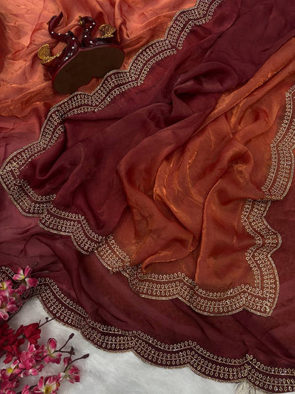 Luxurious Silk Saree with Shaded Diamond Jarkan Embellishment