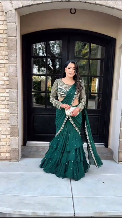 Ready to Wear Bottle Green Georgette Lehenga With Stitched Blouse