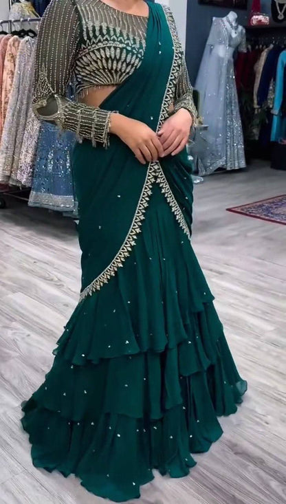 Ready to Wear Bottle Green Georgette Lehenga With Stitched Blouse