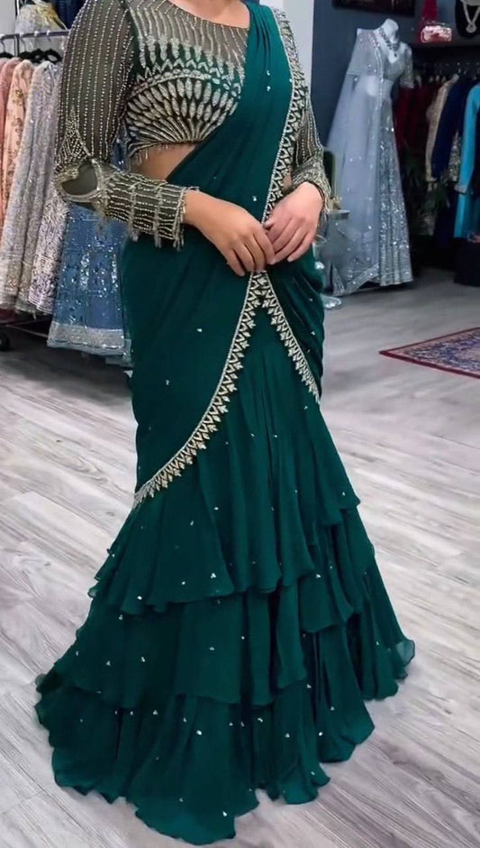 Ready to Wear Bottle Green Georgette Lehenga With Stitched Blouse