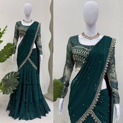 Ready to Wear Bottle Green Georgette Lehenga With Stitched Blouse