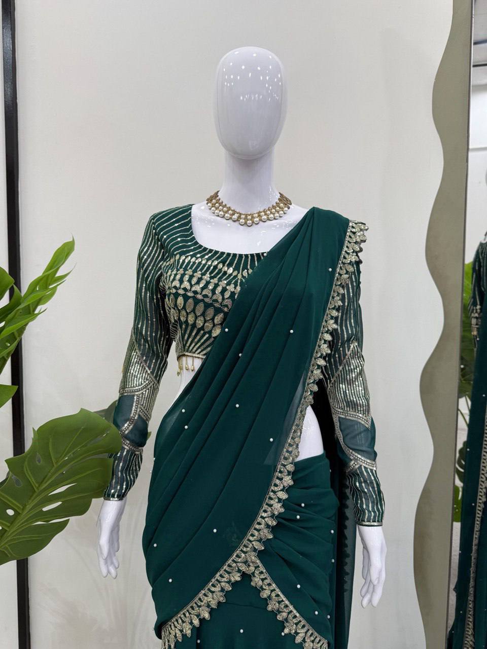 Ready to Wear Bottle Green Georgette Lehenga With Stitched Blouse