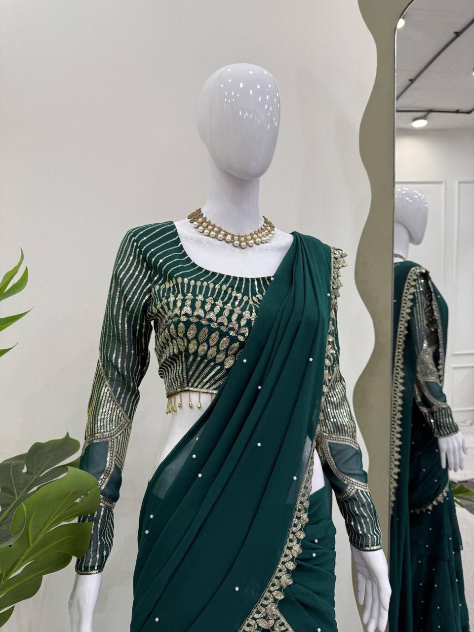 Ready to Wear Bottle Green Georgette Lehenga With Stitched Blouse